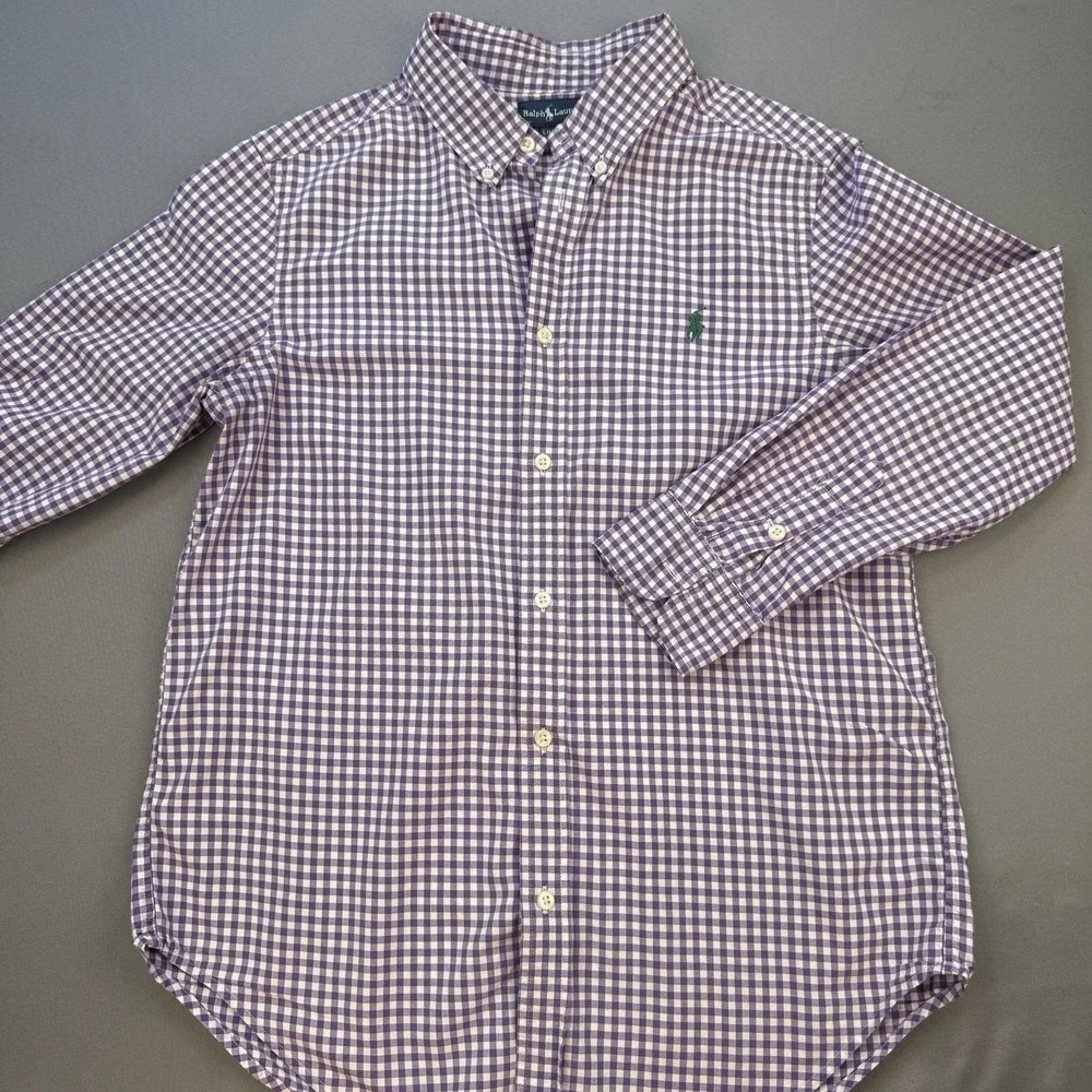 Ralph Lauren‎ Boys Large Purple Button Up Check Gingham Poplin Dress Shirt